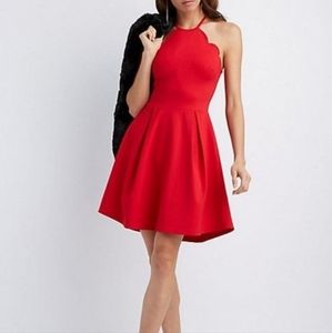 Scalloped bib neck skater dress
